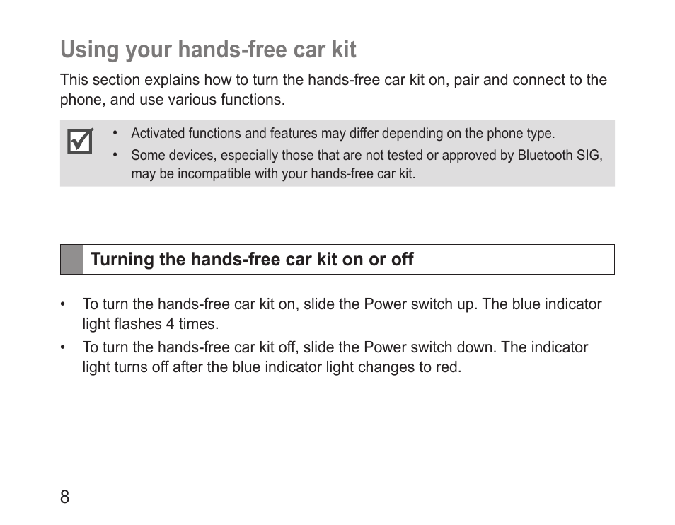 Using your hands-free car kit, Turning the hands-free car kit on or off | Samsung BHF1000 User Manual | Page 10 / 161