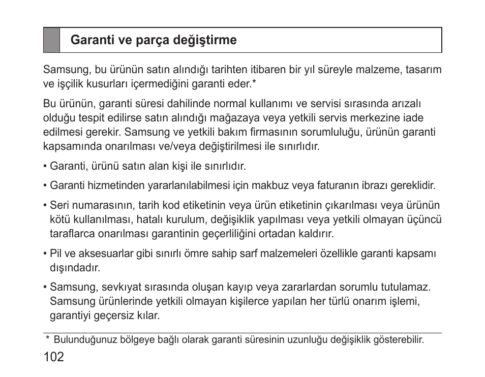 Garanti ve parça değiştirme | Samsung BHF1000 User Manual | Page 104 / 161