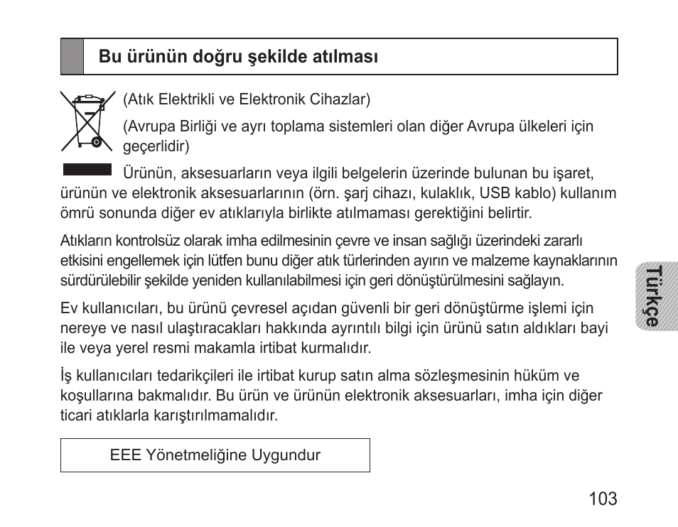 Bu ürünün doğru şekilde atılması, Türkçe | Samsung BHF1000 User Manual | Page 105 / 161