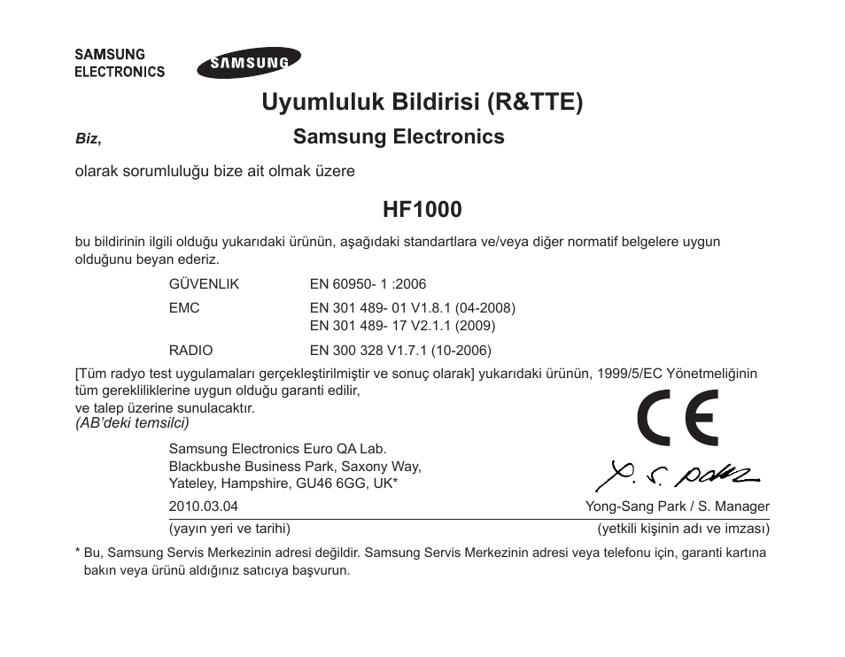 Uyumluluk bildirisi (r&tte), Hf1000, Samsung electronics | Samsung BHF1000 User Manual | Page 108 / 161