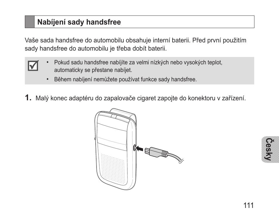 Nabíjení sady handsfree, Česky | Samsung BHF1000 User Manual | Page 113 / 161