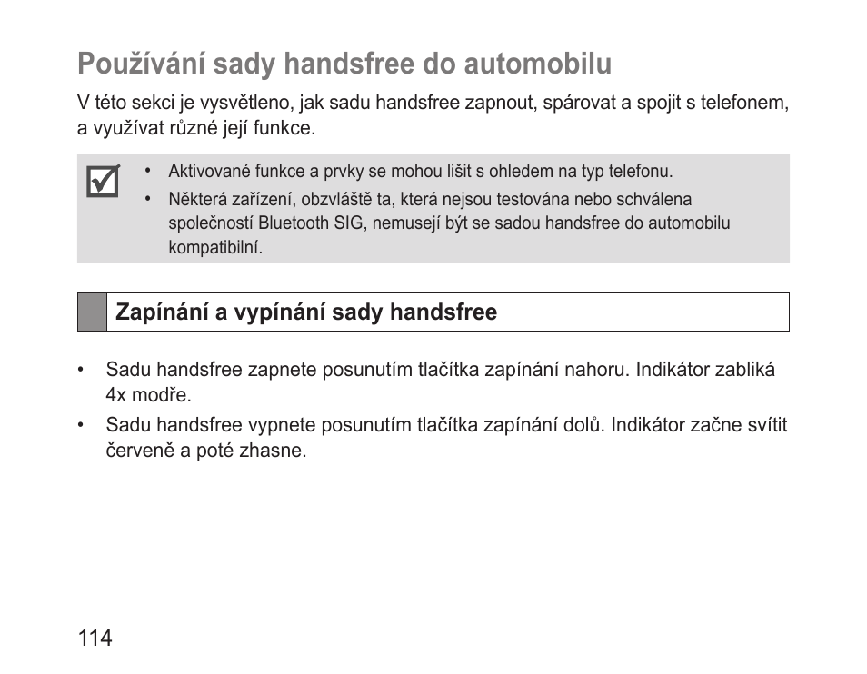 Používání sady handsfree do automobilu, Zapínání a vypínání sady handsfree | Samsung BHF1000 User Manual | Page 116 / 161