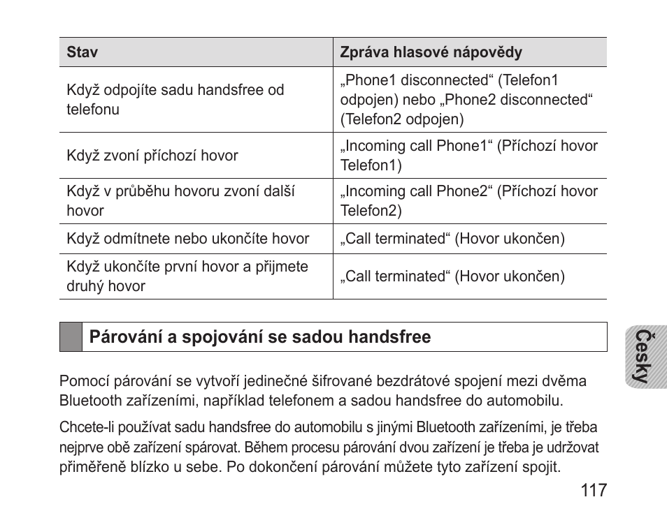 Párování a spojování se sadou handsfree, Česky | Samsung BHF1000 User Manual | Page 119 / 161