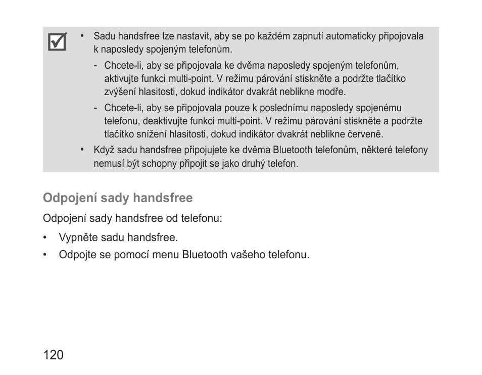 Odpojení sady handsfree | Samsung BHF1000 User Manual | Page 122 / 161