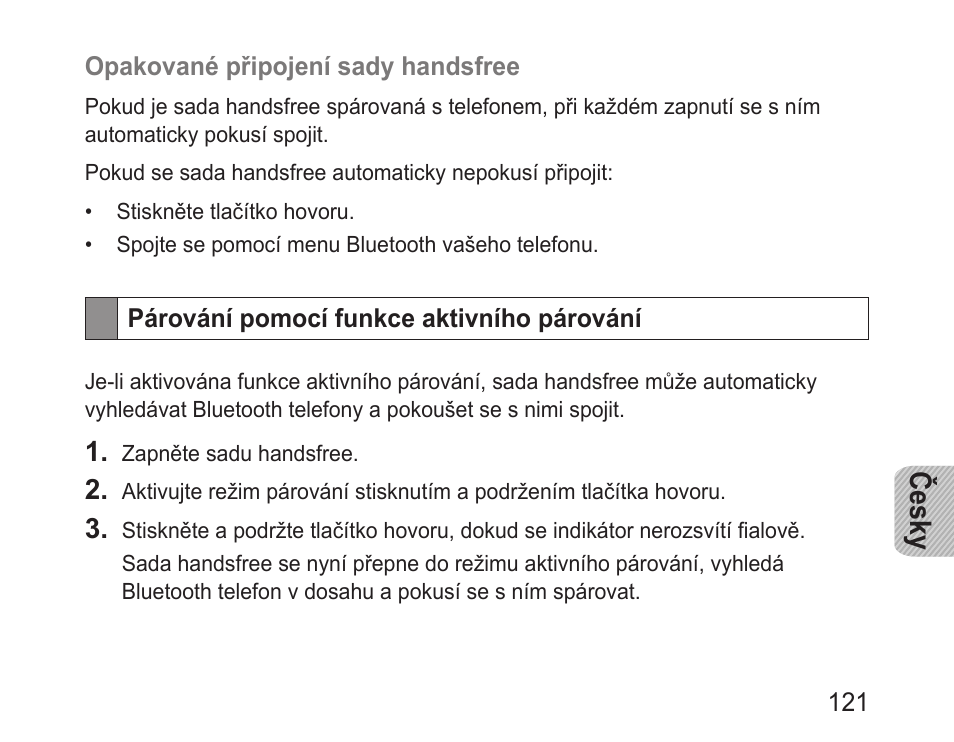 Párování pomocí funkce aktivního párování, Česky | Samsung BHF1000 User Manual | Page 123 / 161