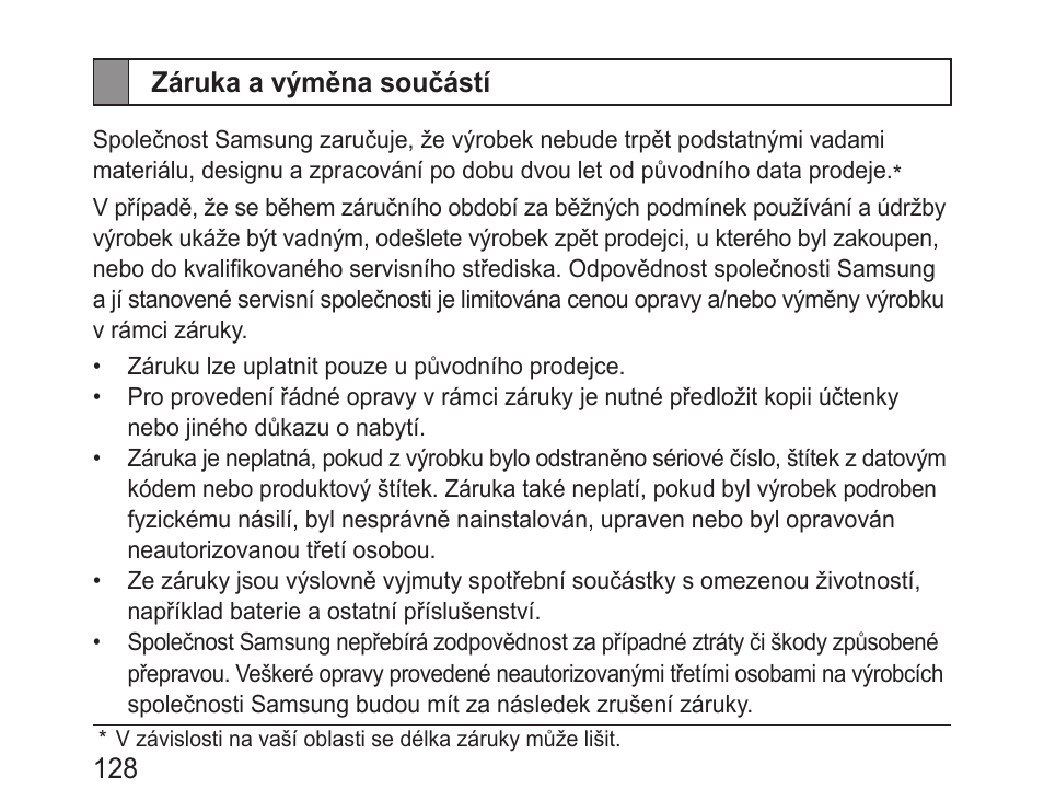 Záruka a výměna součástí | Samsung BHF1000 User Manual | Page 130 / 161