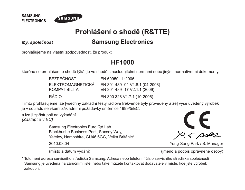 Prohlášení o shodě (r&tte), Hf1000, Samsung electronics | Samsung BHF1000 User Manual | Page 134 / 161