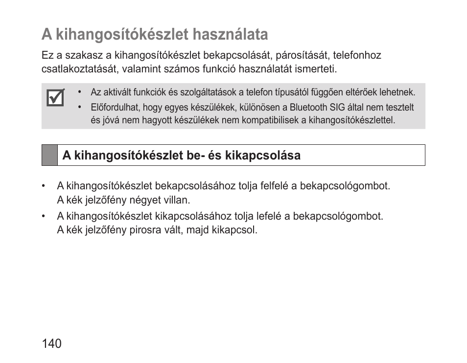A kihangosítókészlet használata, A kihangosítókészlet be- és kikapcsolása | Samsung BHF1000 User Manual | Page 142 / 161