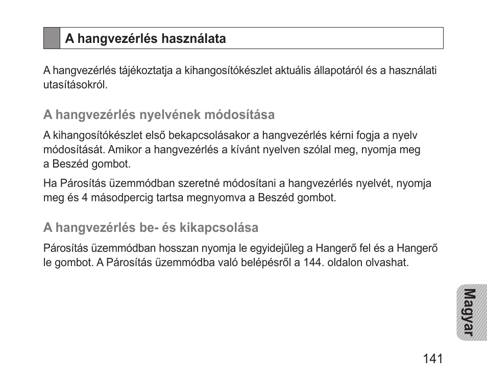 A hangvezérlés használata, Magyar | Samsung BHF1000 User Manual | Page 143 / 161