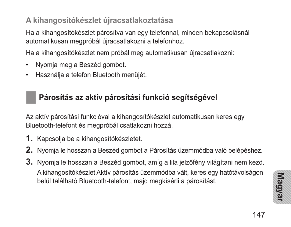 Párosítás az aktív párosítási funkció segítségével, Magyar | Samsung BHF1000 User Manual | Page 149 / 161