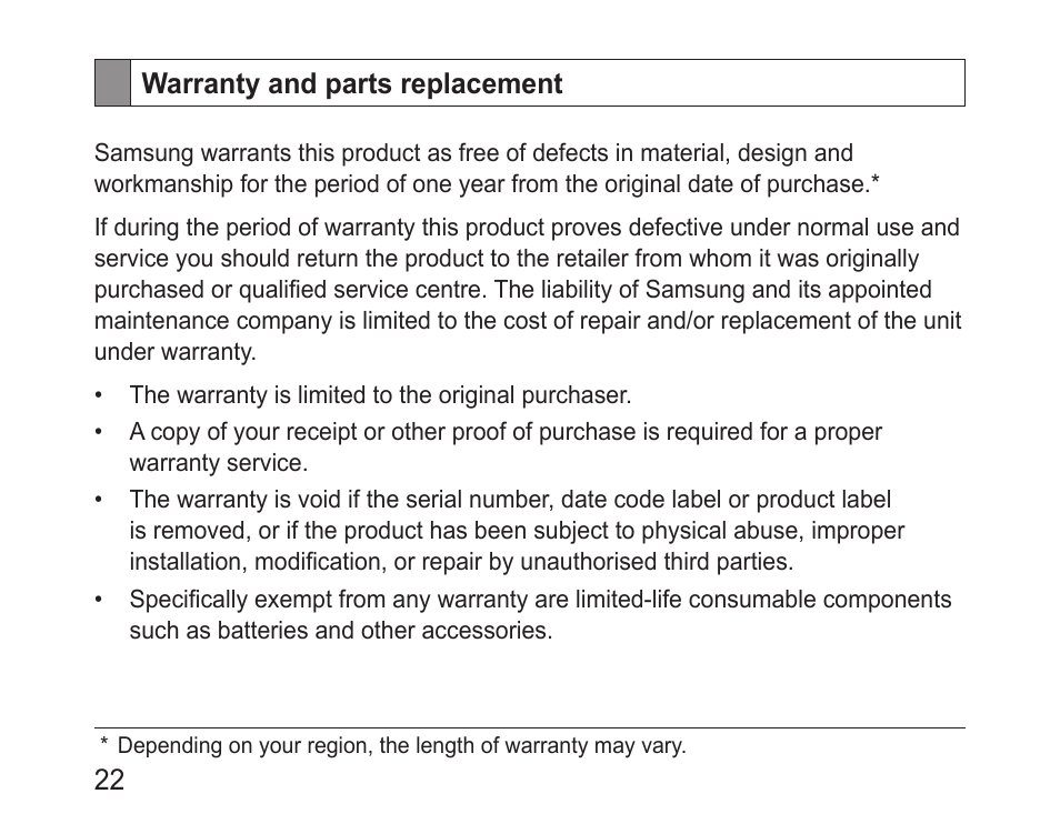 Warranty and parts replacement | Samsung BHF1000 User Manual | Page 24 / 161