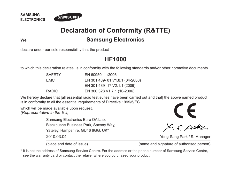 Declaration of conformity (r&tte), Hf1000, Samsung electronics | Samsung BHF1000 User Manual | Page 28 / 161