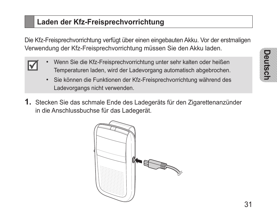 Laden der kfz-freisprechvorrichtung, Deutsch | Samsung BHF1000 User Manual | Page 33 / 161