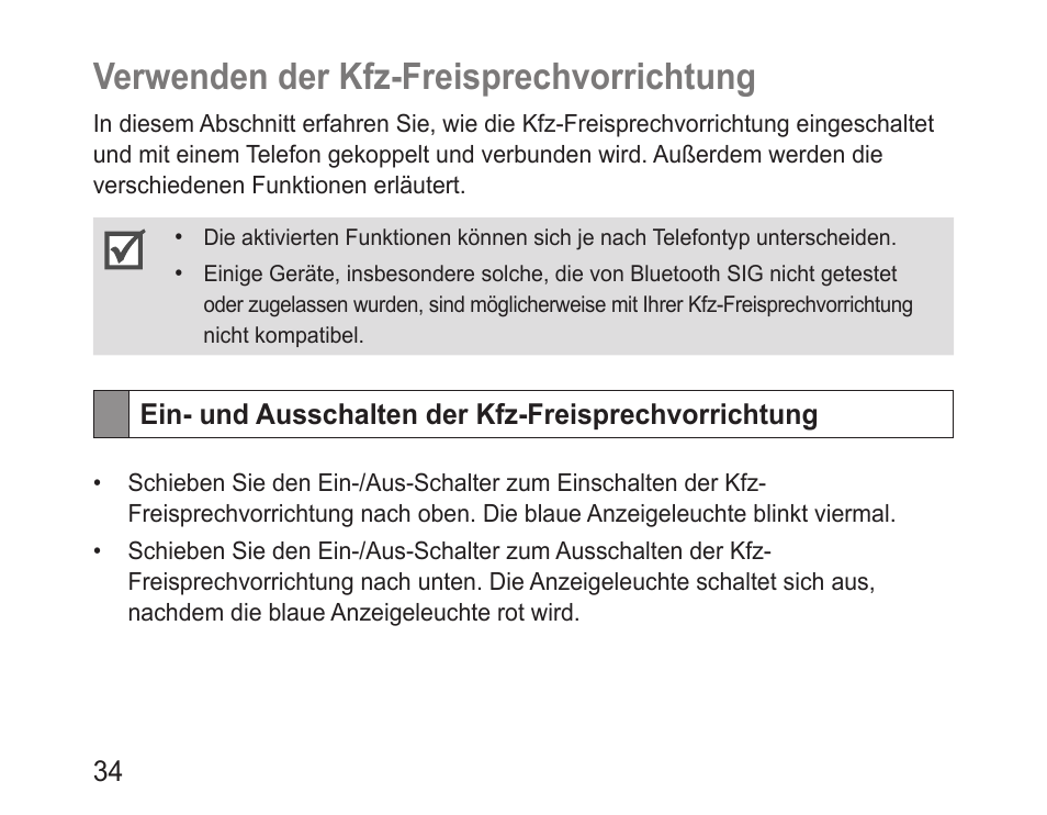 Verwenden der kfz-freisprechvorrichtung, Ein- und ausschalten der kfz-freisprechvorrichtung | Samsung BHF1000 User Manual | Page 36 / 161