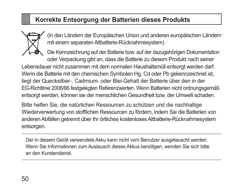 Korrekte entsorgung der batterien dieses produkts | Samsung BHF1000 User Manual | Page 52 / 161