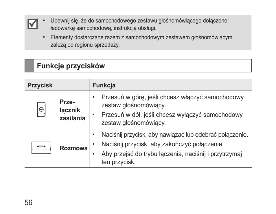 Funkcje przycisków | Samsung BHF1000 User Manual | Page 58 / 161