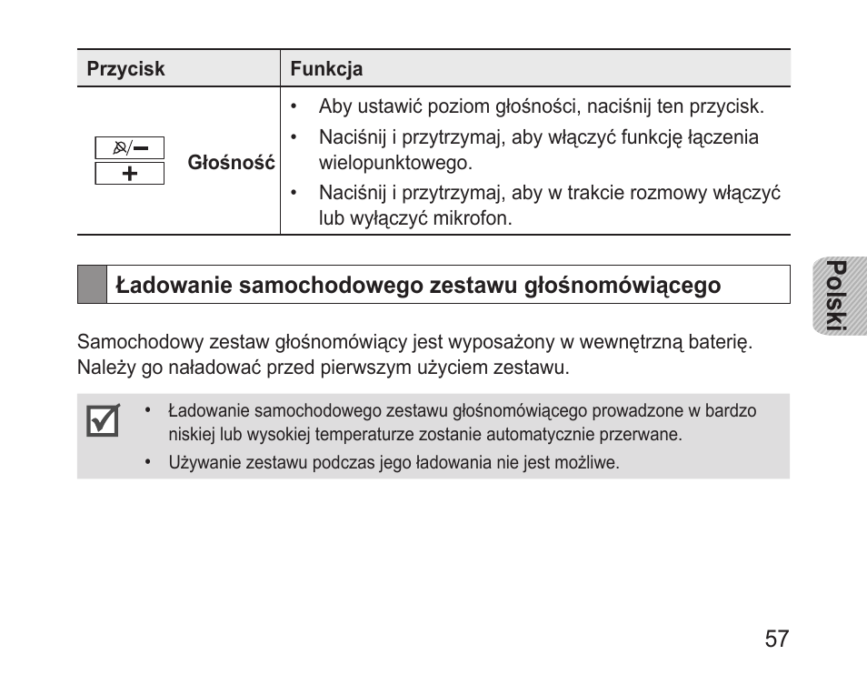 Ładowanie samochodowego zestawu głośnomówiącego, Polski | Samsung BHF1000 User Manual | Page 59 / 161