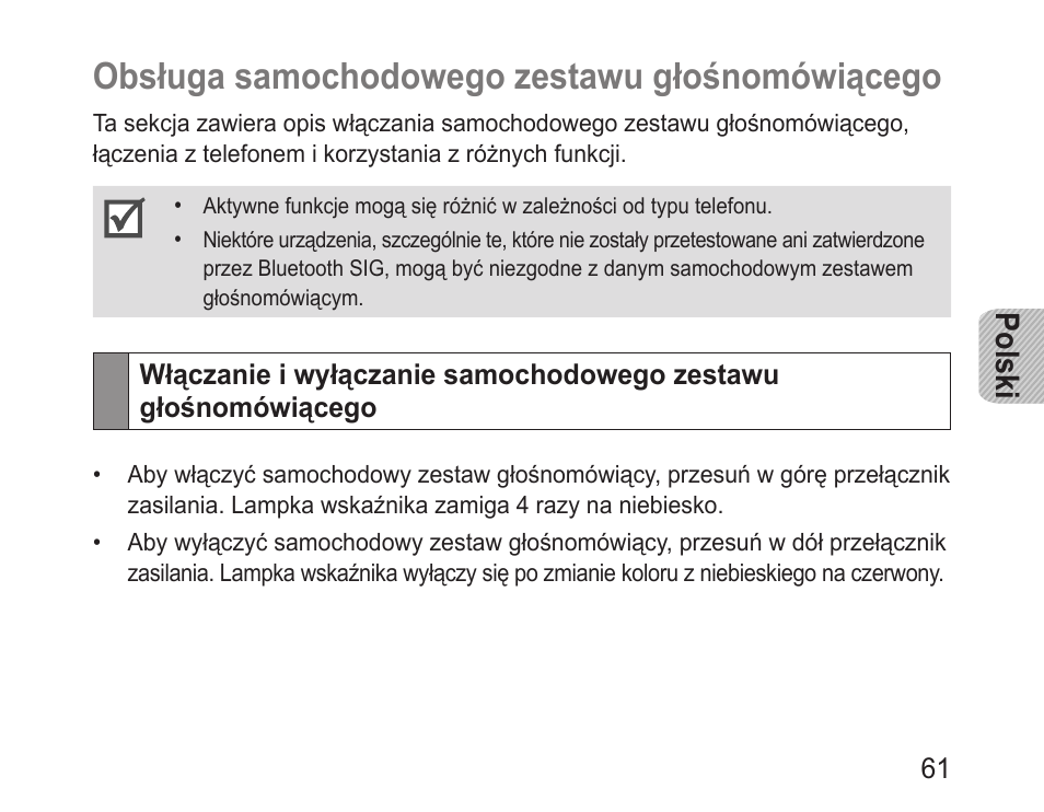 Obsługa samochodowego zestawu głośnomówiącego, Polski | Samsung BHF1000 User Manual | Page 63 / 161