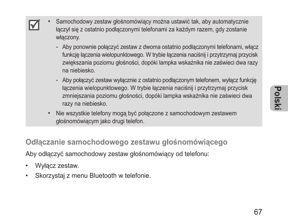 Polski, Odłączanie samochodowego zestawu głośnomówiącego | Samsung BHF1000 User Manual | Page 69 / 161