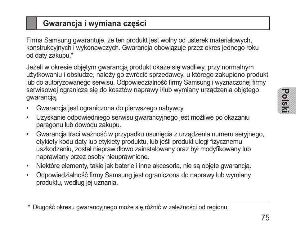 Gwarancja i wymiana części, Polski | Samsung BHF1000 User Manual | Page 77 / 161