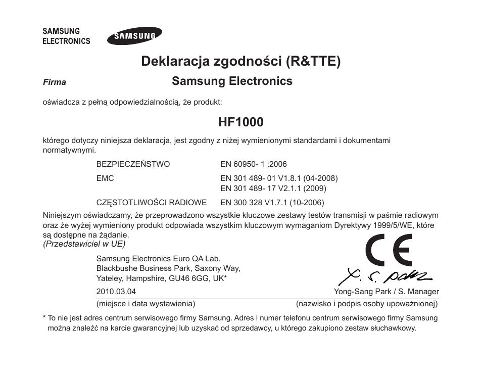 Deklaracja zgodności (r&tte), Hf1000, Samsung electronics | Samsung BHF1000 User Manual | Page 82 / 161