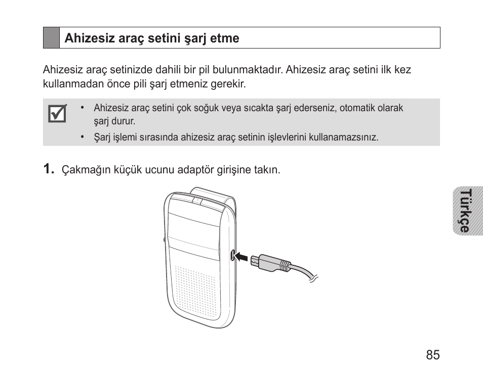 Ahizesiz araç setini şarj etme, Türkçe | Samsung BHF1000 User Manual | Page 87 / 161