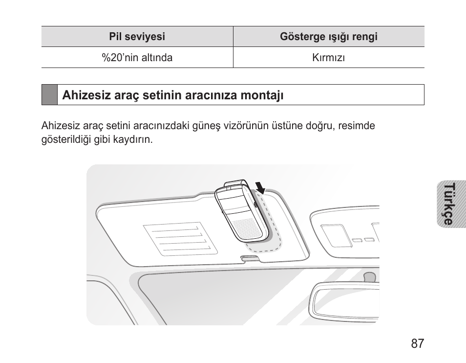 Ahizesiz araç setinin aracınıza montajı, Türkçe | Samsung BHF1000 User Manual | Page 89 / 161
