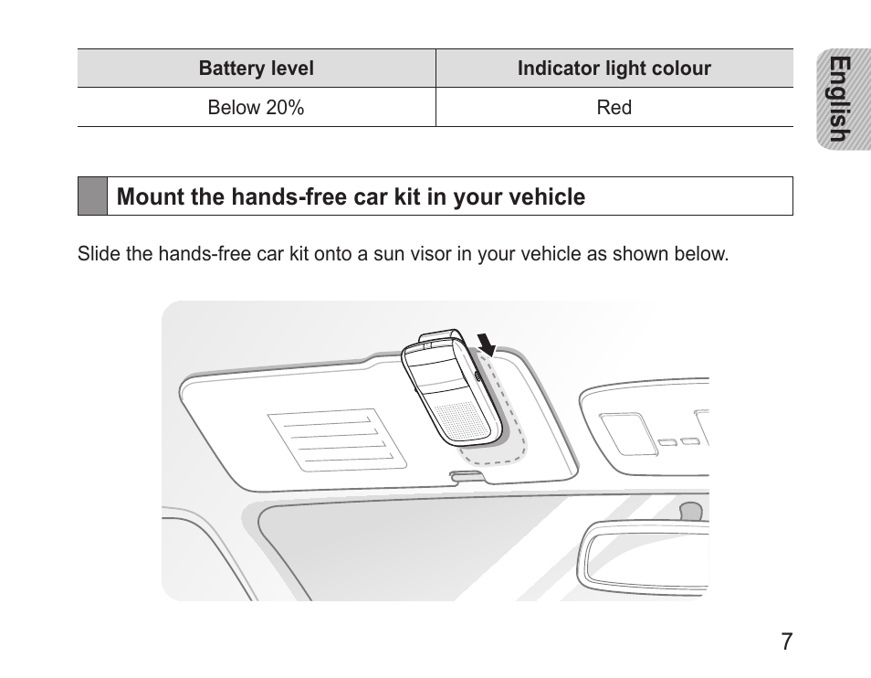 Mount the hands-free car kit in your vehicle, English | Samsung BHF1000 User Manual | Page 9 / 161