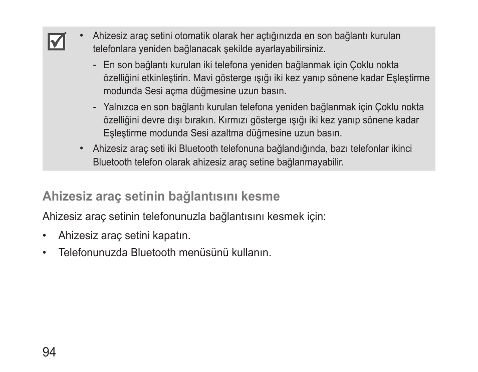 Ahizesiz araç setinin bağlantısını kesme | Samsung BHF1000 User Manual | Page 96 / 161