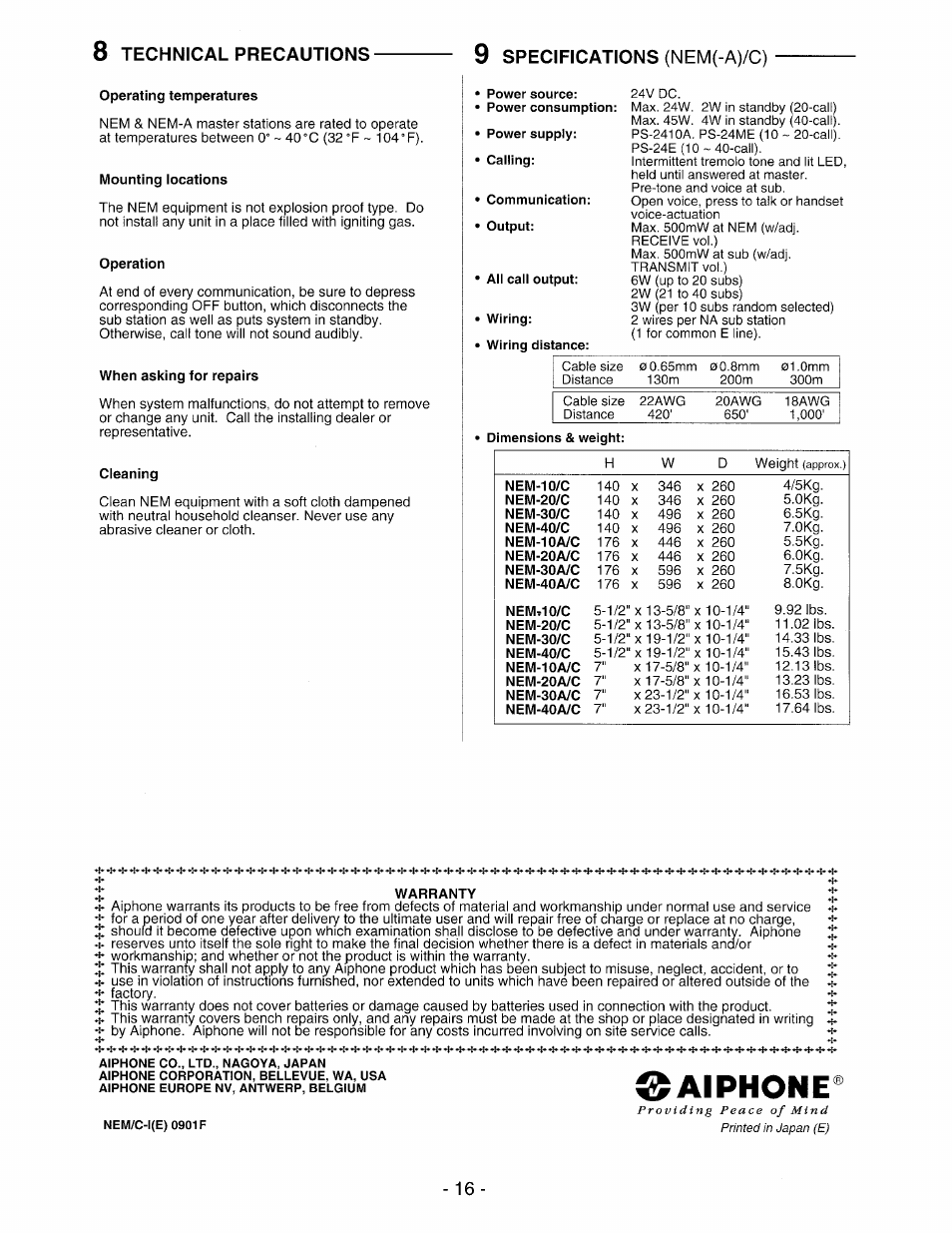 Aiphone, 8 technical precautions, Specifications | Nem(-a)/c) | Aiphone NEM-30/C User Manual | Page 16 / 16