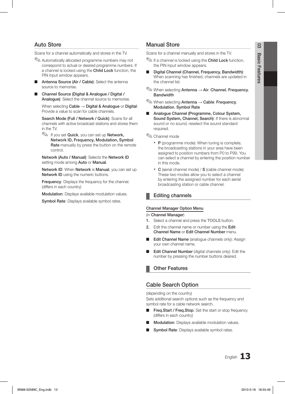 Auto store, Manual store, Cable search option | Samsung LE32C350D1W User Manual | Page 13 / 331