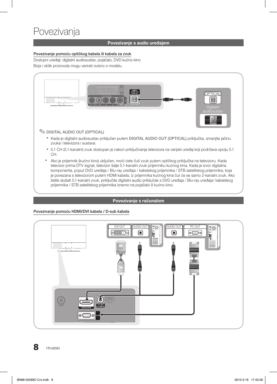 Povezivanja, Povezivanje s audio uređajem, Povezivanje s računalom | Samsung LE32C350D1W User Manual | Page 173 / 331