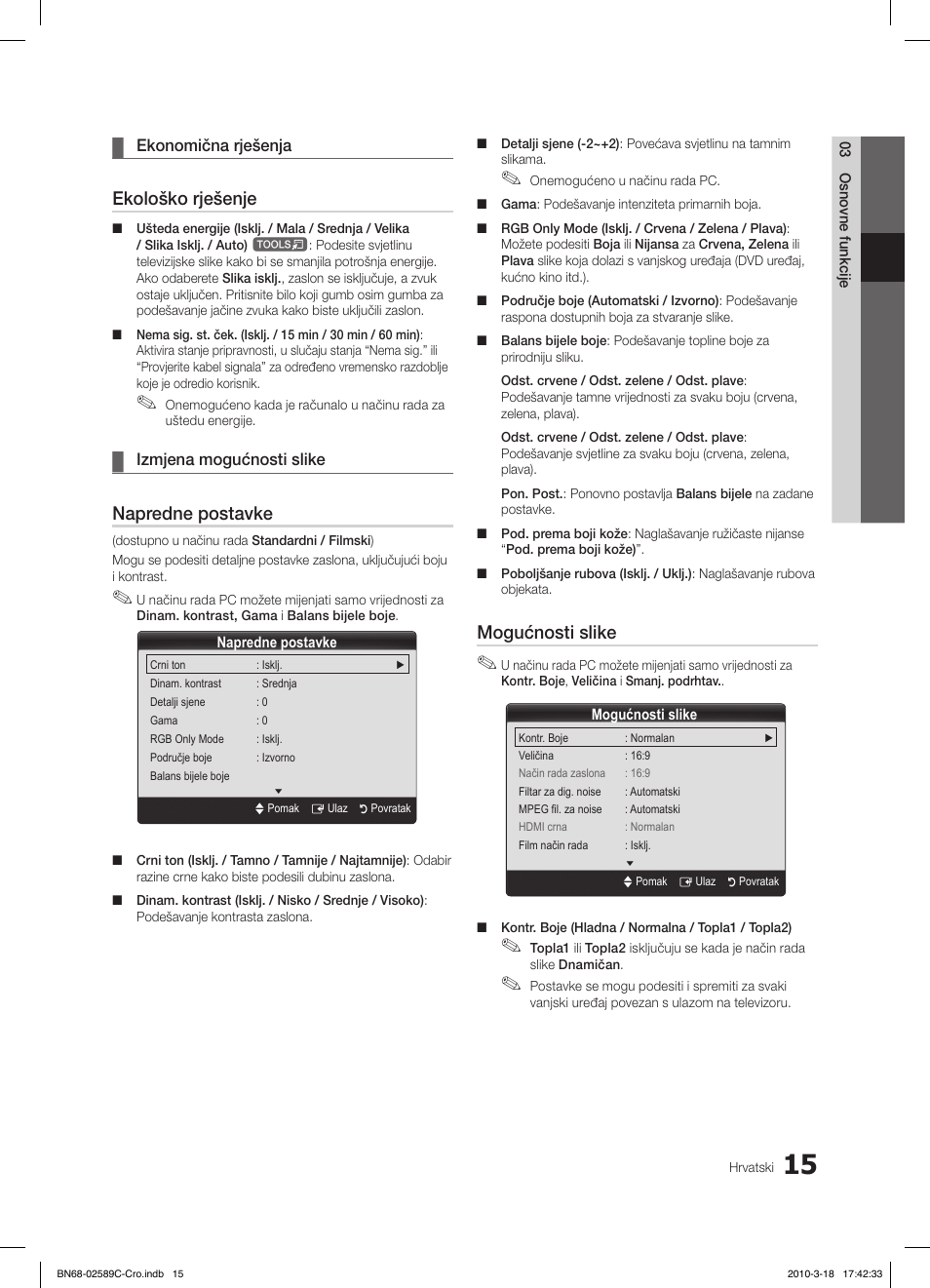 Ekološko rješenje, Napredne postavke, Mogućnosti slike | Samsung LE32C350D1W User Manual | Page 180 / 331