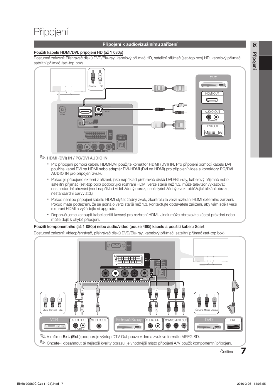 Připojení, 02 připojení, Připojení k audiovizuálnímu zařízení | Čeština, Přehrávač blu-ray dvd vcr | Samsung LE32C350D1W User Manual | Page 205 / 331