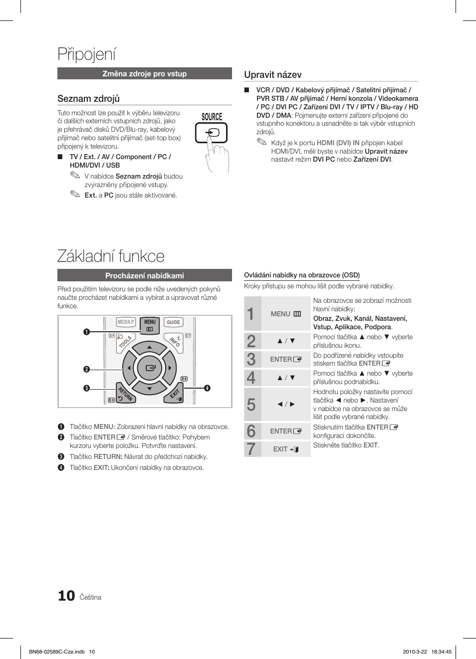 Připojení, Základní funkce, Fav.ch p.mode dual mts | Samsung LE32C350D1W User Manual | Page 208 / 331