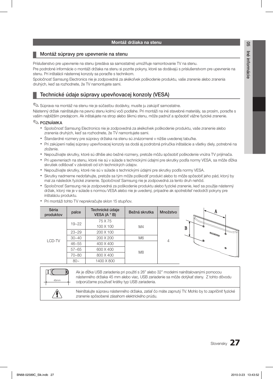 Technické údaje súpravy upevňovacej konzoly (vesa) | Samsung LE32C350D1W User Manual | Page 258 / 331