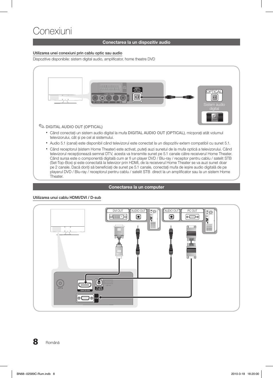 Conexiuni, Conectarea la un dispozitiv audio, Conectarea la un computer | Samsung LE32C350D1W User Manual | Page 272 / 331