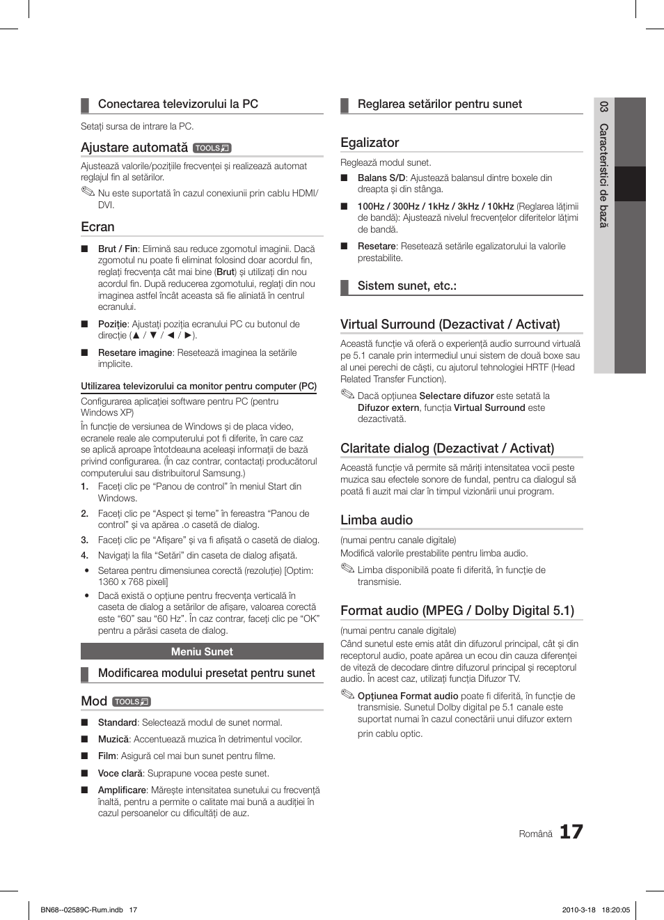 Ajustare automată, Ecran, Egalizator | Virtual surround (dezactivat / activat), Claritate dialog (dezactivat / activat), Limba audio, Format audio (mpeg / dolby digital 5.1) | Samsung LE32C350D1W User Manual | Page 281 / 331