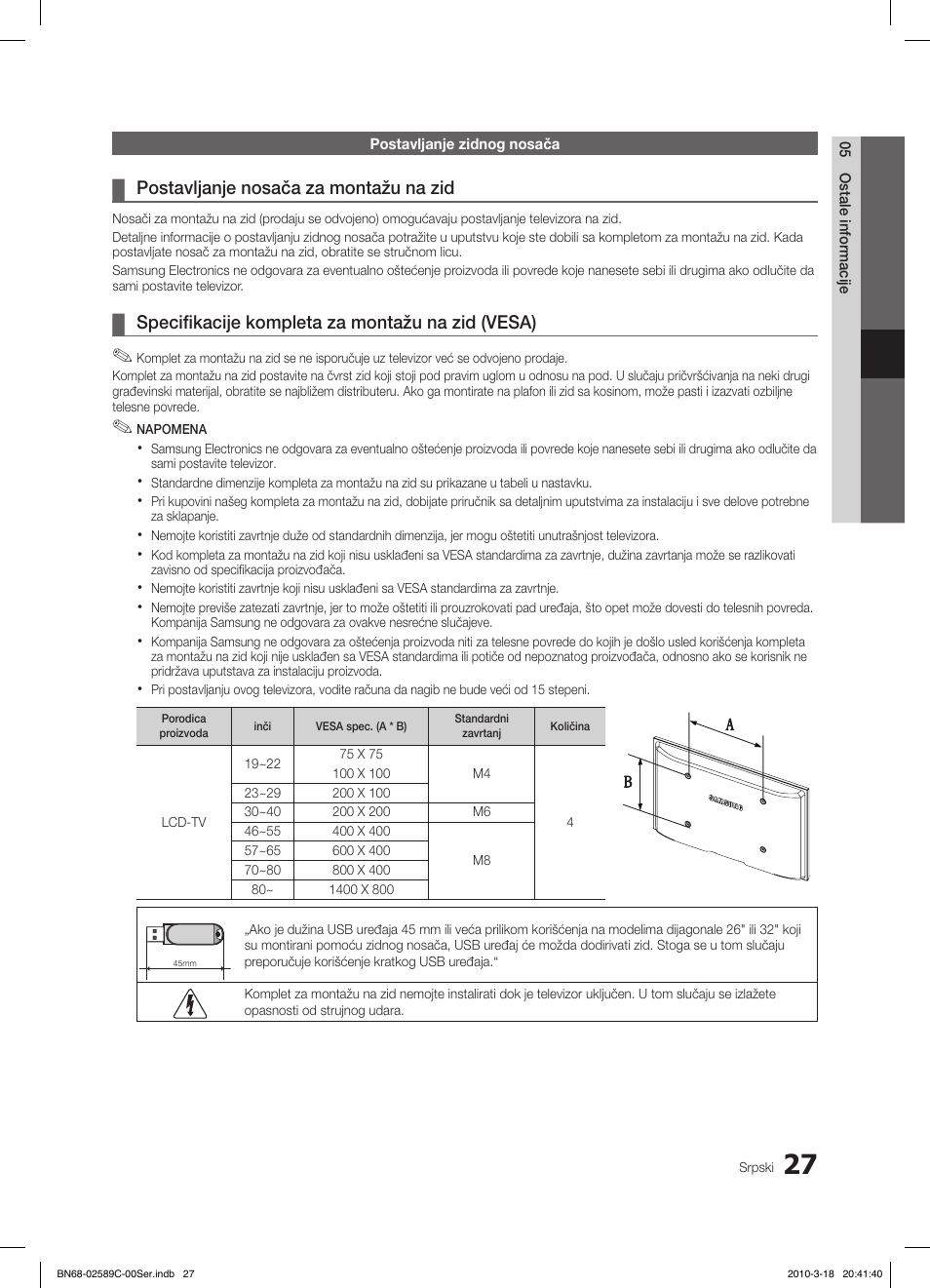 Postavljanje nosača za montažu na zid, Specifikacije kompleta za montažu na zid (vesa) | Samsung LE32C350D1W User Manual | Page 324 / 331