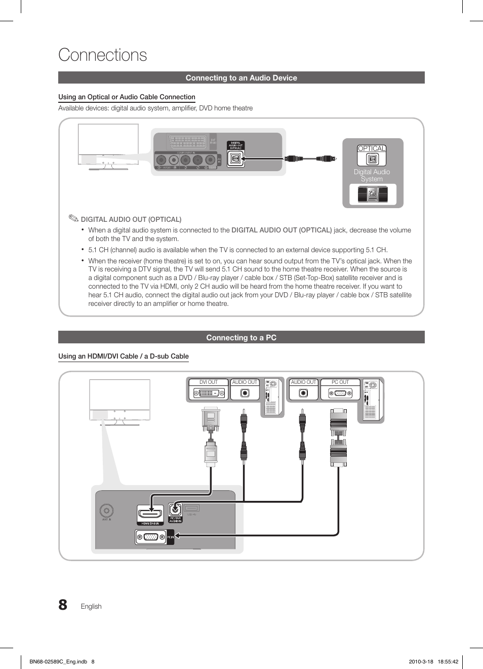 Connections, Connecting to an audio device, Connecting to a pc | Samsung LE32C350D1W User Manual | Page 8 / 331