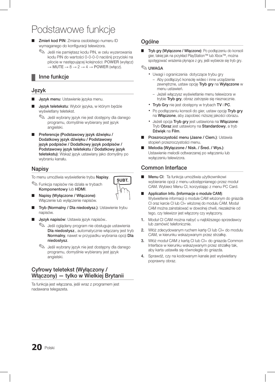 Podstawowe funkcje, Inne funkcje ¦ język, Napisy | Ogólne, Common interface | Samsung LE32C350D1W User Manual | Page 86 / 331