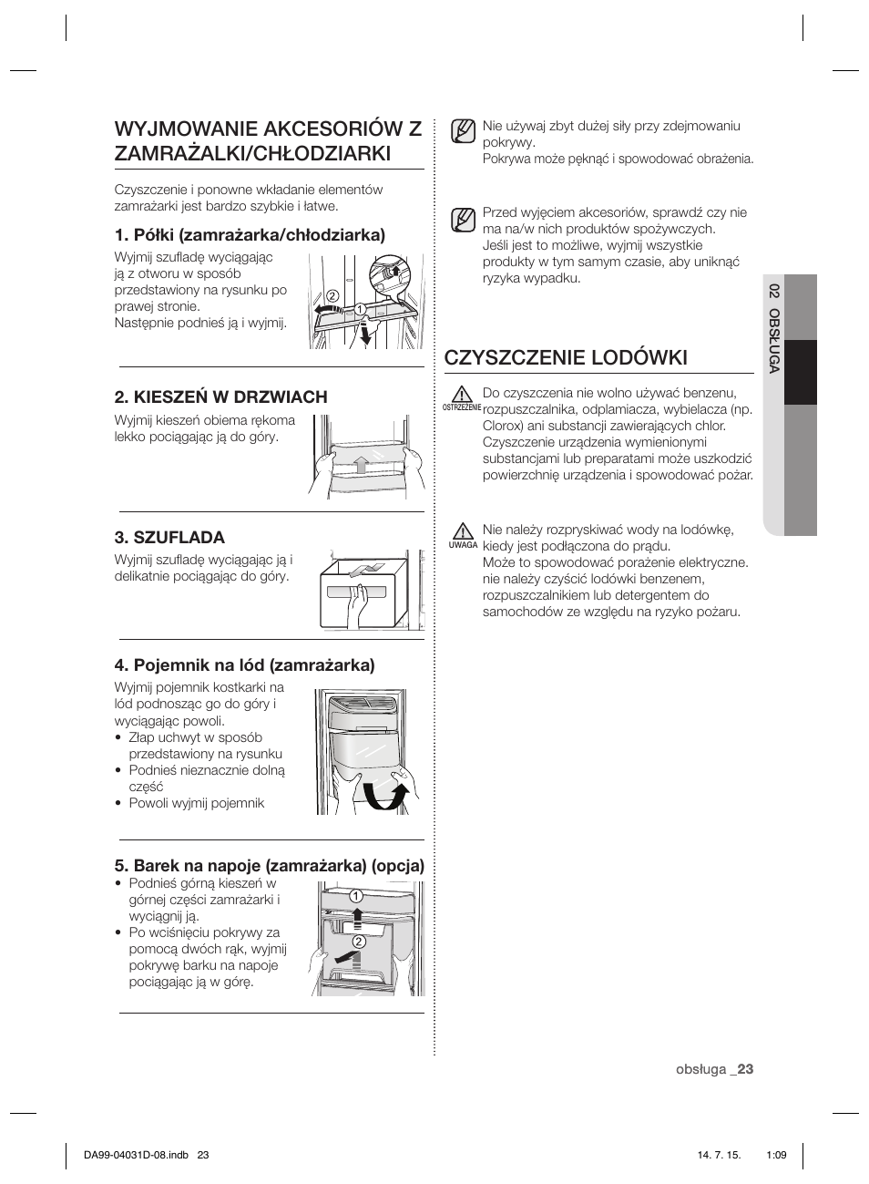 Czyszczenie lodówki, Wyjmowanie akcesoriów z zamrażalki/chłodziarki | Samsung RS61781GDSR User Manual | Page 101 / 132