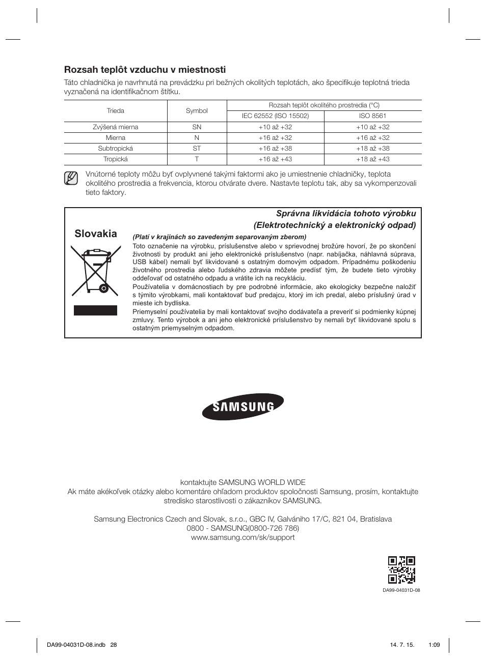 Slovakia, Rozsah teplôt vzduchu v miestnosti | Samsung RS61781GDSR User Manual | Page 132 / 132