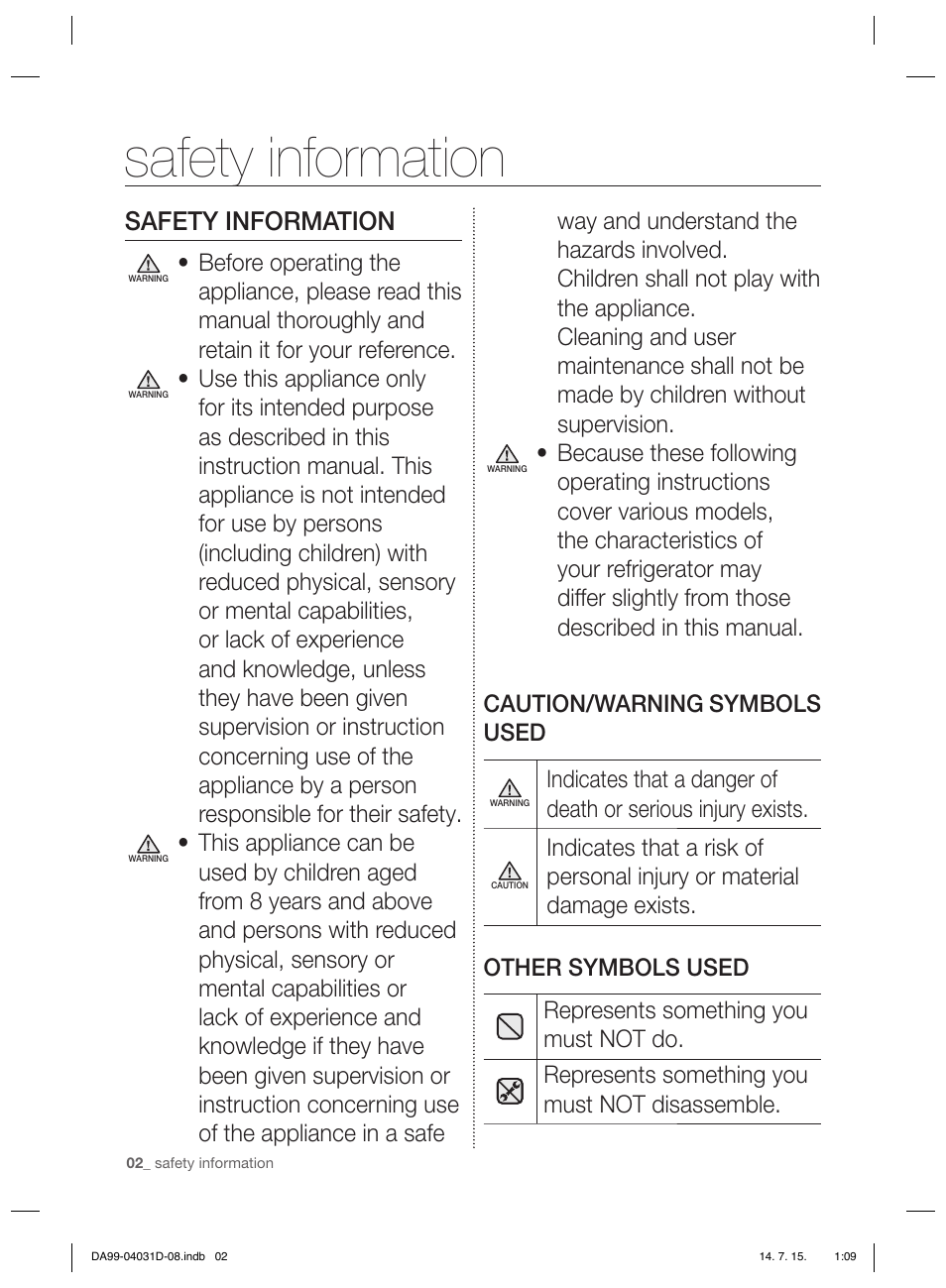 Safety information | Samsung RS61781GDSR User Manual | Page 28 / 132