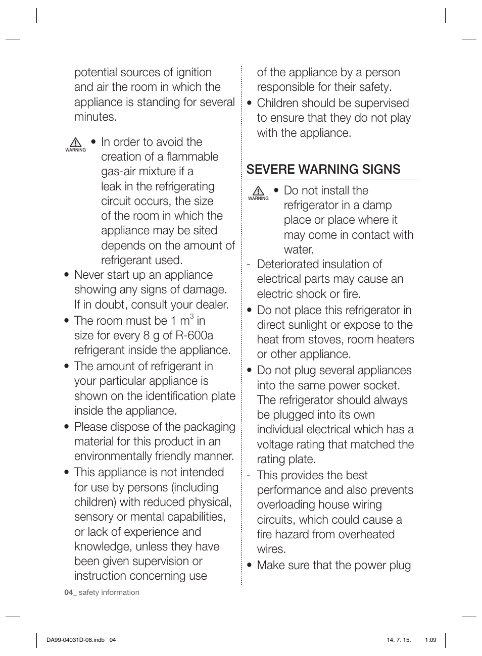 Severe warning signs | Samsung RS61781GDSR User Manual | Page 30 / 132