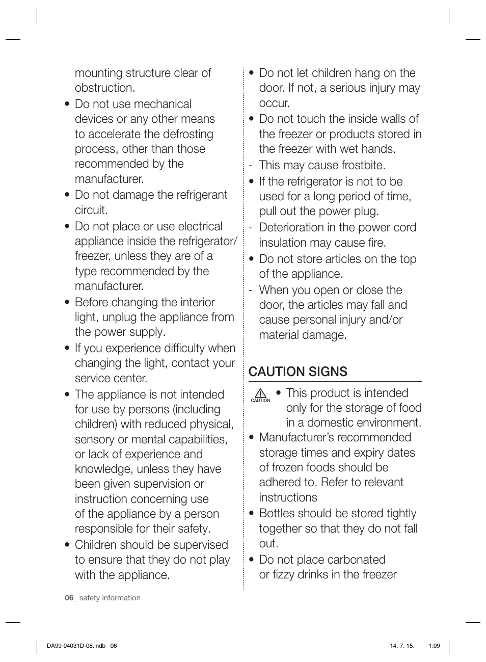 Caution signs | Samsung RS61781GDSR User Manual | Page 32 / 132