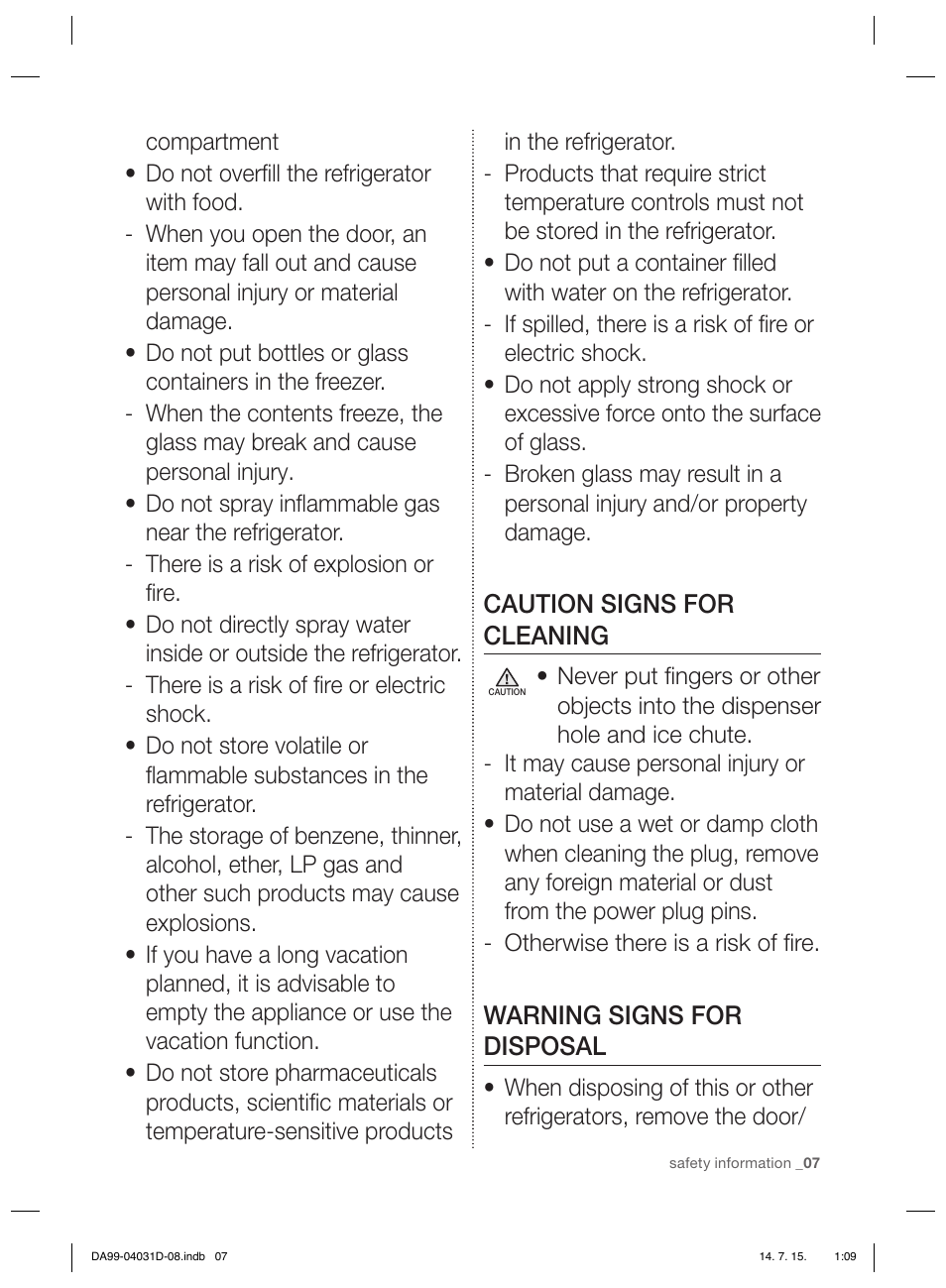 Caution signs for cleaning, Warning signs for disposal | Samsung RS61781GDSR User Manual | Page 33 / 132