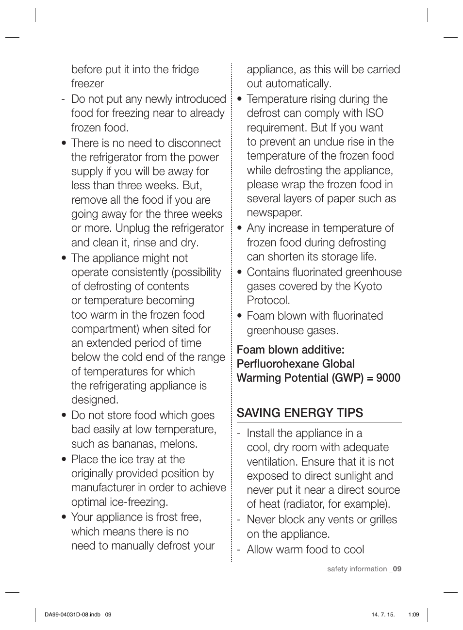 Saving energy tips | Samsung RS61781GDSR User Manual | Page 35 / 132