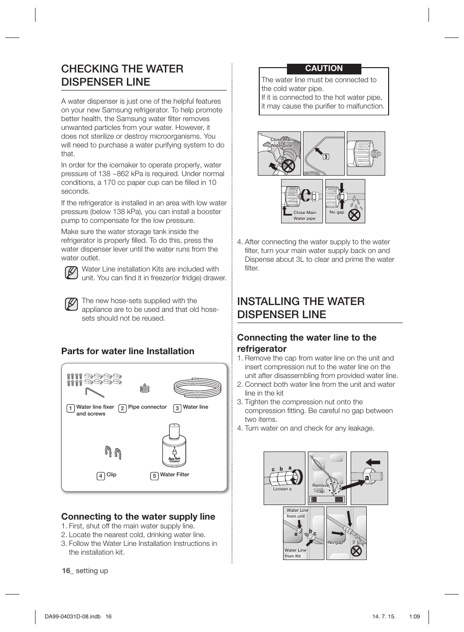 Installing the water dispenser line, Checking the water dispenser line, Connecting the water line to the refrigerator | Caution | Samsung RS61781GDSR User Manual | Page 42 / 132