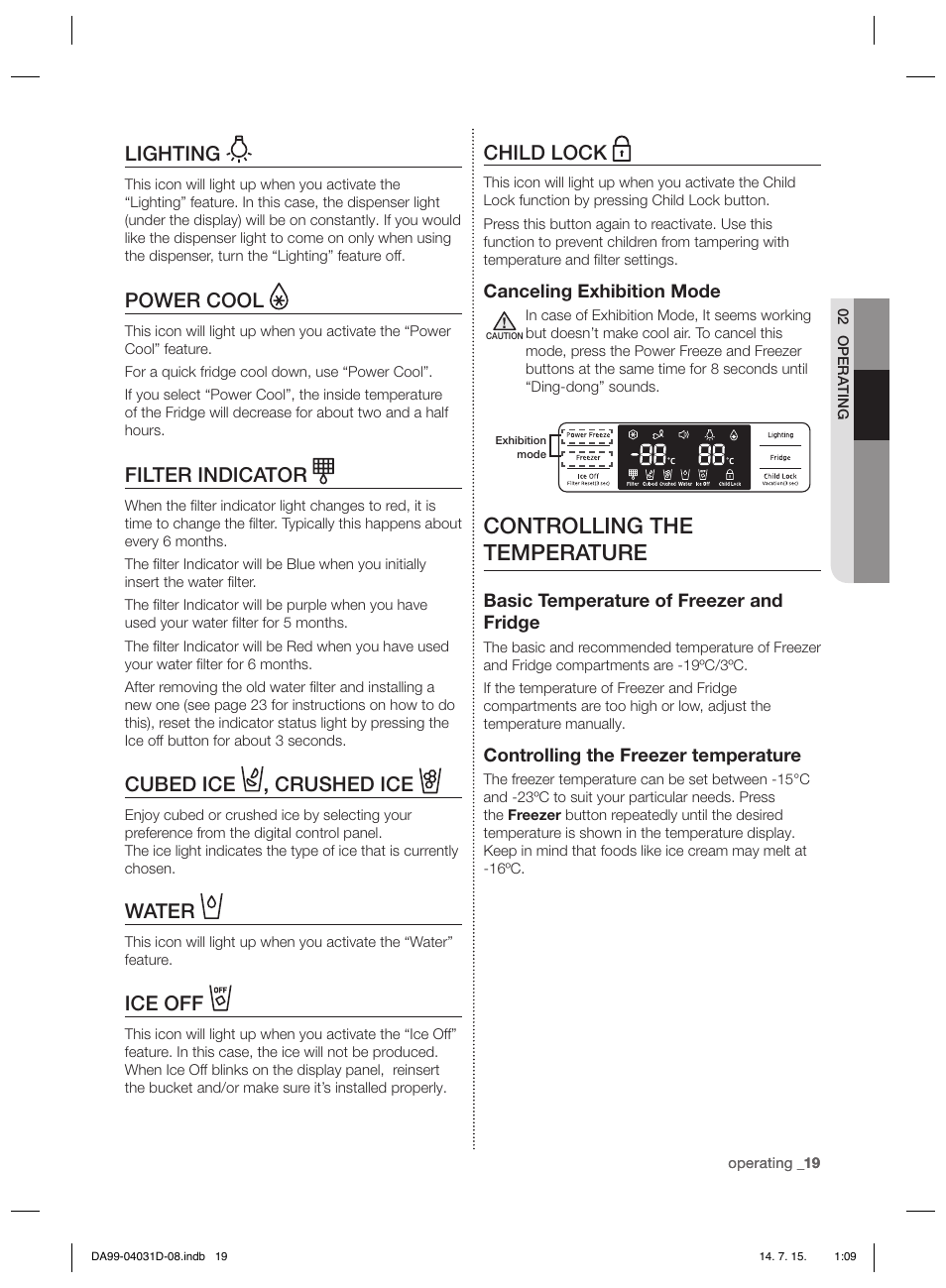 Controlling the temperature, Child lock, Lighting | Power cool, Filter indicator, Cubed ice , crushed ice, Water, Ice off | Samsung RS61781GDSR User Manual | Page 45 / 132